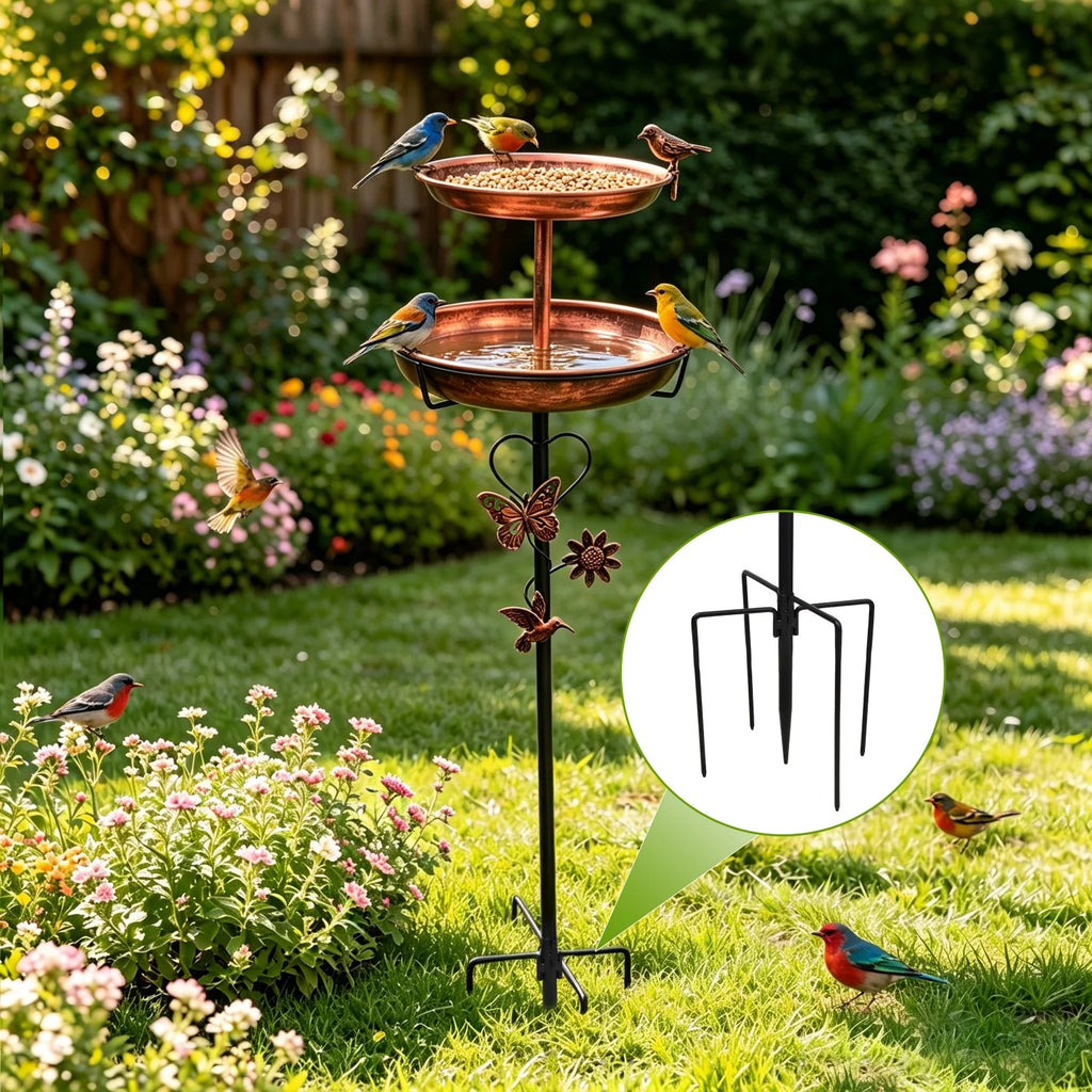 2-Tier Metal Birdbath Feeder Bowls for Garden Patio Yard Lawn Decor 5-Pronged Base