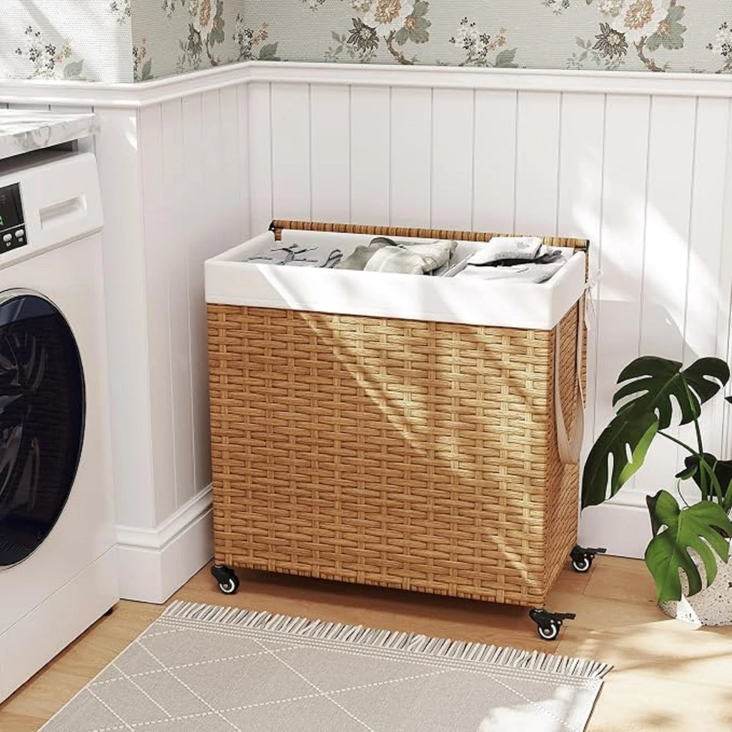 125L Hand Woven Rattan Laundry Basket with 3 Divided Sections, Handles