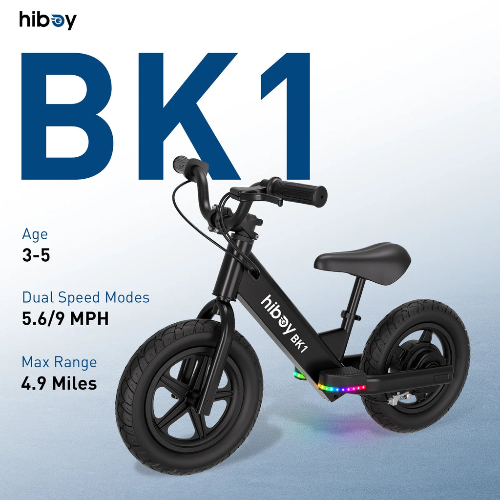 Kids Electric Balance Bike 12 Inch Tire, 5.6/9mph Speed, Adjustable Seat, 4.9 Miles Range for Ages 3-5