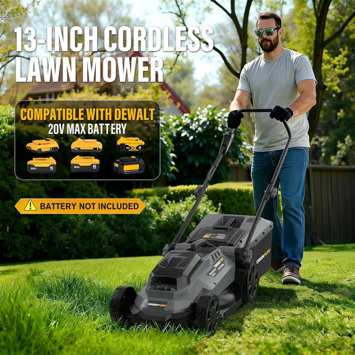 13 Inch Cordless Lawn Mower Compatible with Dewalt 20V MAX Battery Brushless Electric Mower with 8 Gallon Grass Bag 5 Level