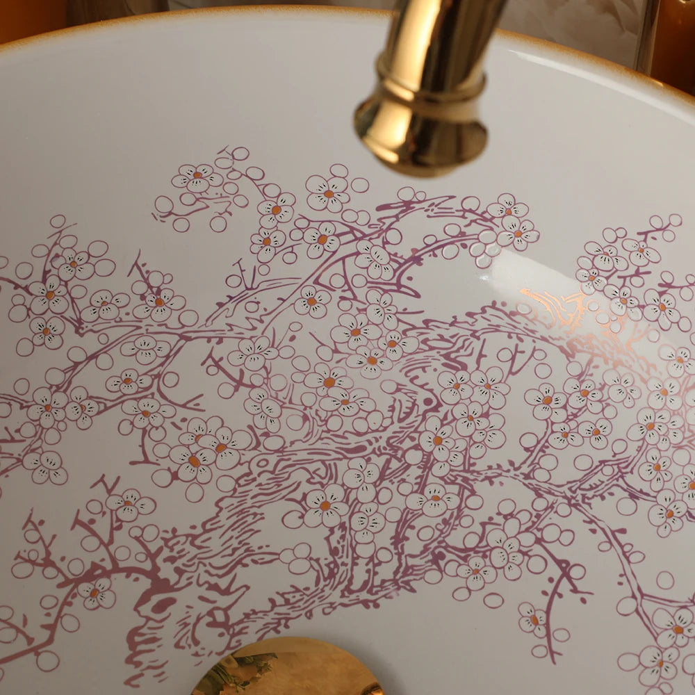 OUBONI  Shaped Ceramic Bathroom Basin Set Art Flower Pattern Sink With Golden Or Antique Faucets
