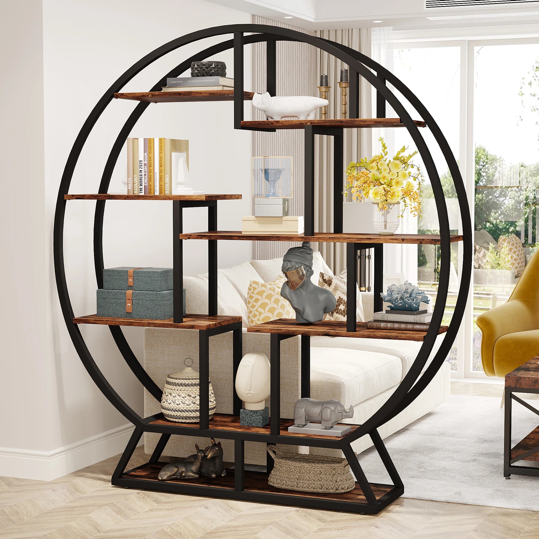 Tribesigns Bookshelf, Round Bookshelves Etagere Bookcase, 63-Inch Industrial Wood Book Shelf with Staggered Shelves