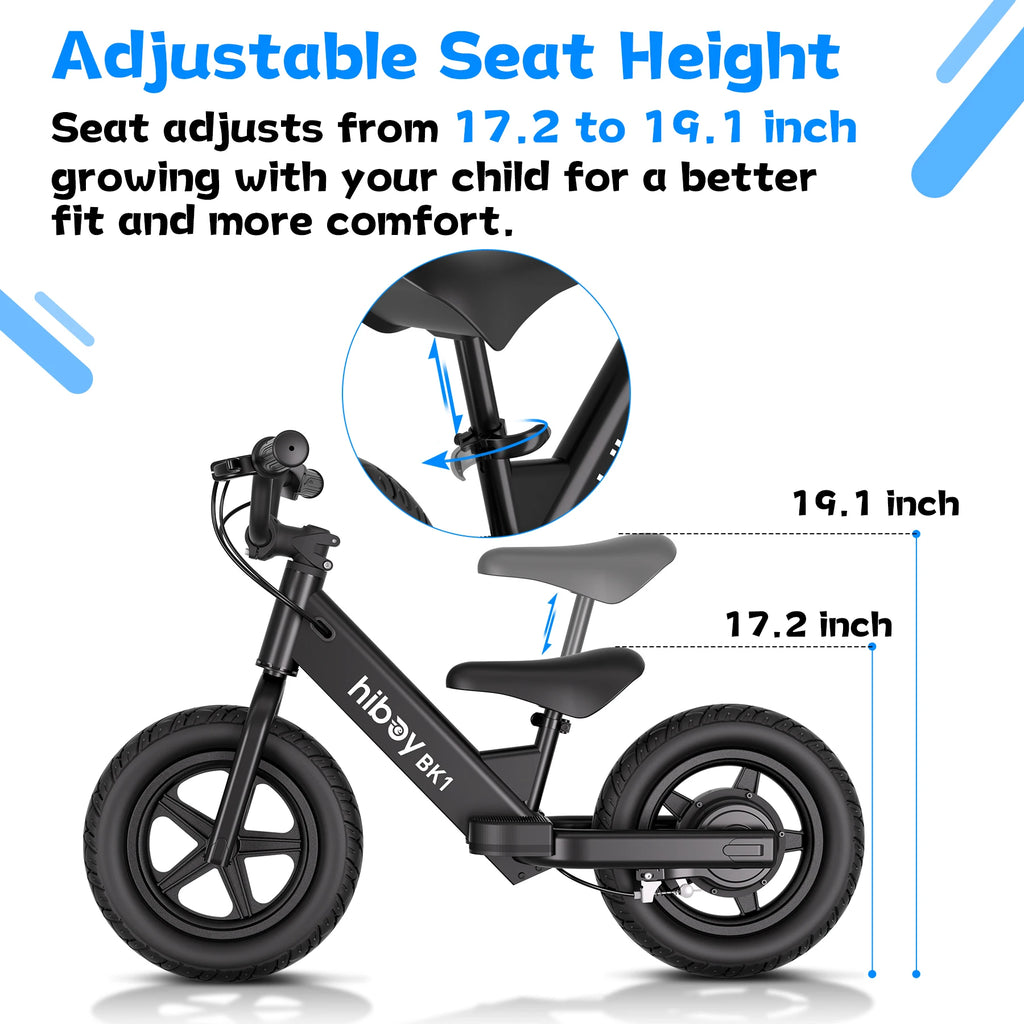 Kids Electric Balance Bike 12 Inch Tire, 5.6/9mph Speed, Adjustable Seat, 4.9 Miles Range for Ages 3-5