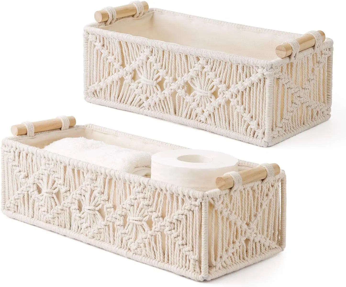 Boho Decor Box Handmade Woven Decorative Countertop Toilet Tank Shelf Cabinet Organizer for Bedroom Livingroom Home, Set of 2, Ivory