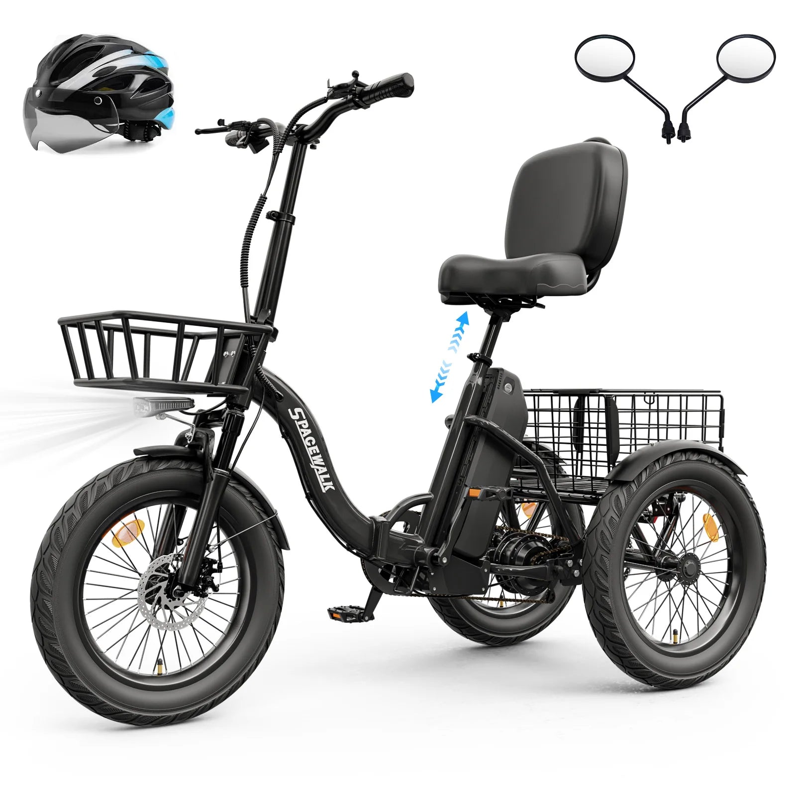 3 Wheel Electric Bike with 18"x3.0 Fat Tires, 60 Miles Range, Folding Cargo E-Bike with Wide Comfort Seat & Basket for Seniors-Black