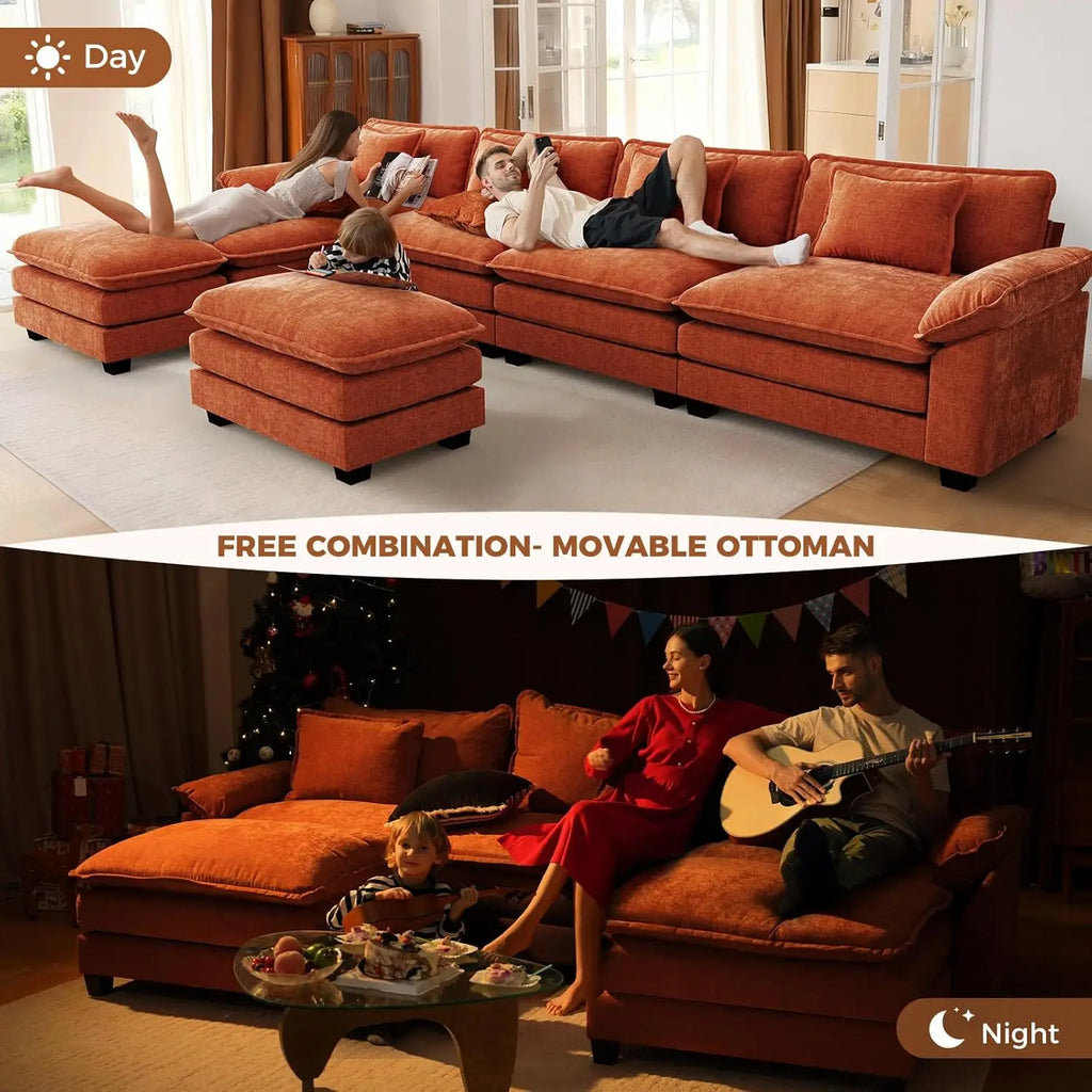 120" Modular Sectional Sofa Chenille Deep Seat L-Shape Movable Ottomans 4-Seater Living Room DIY Orange, Customized