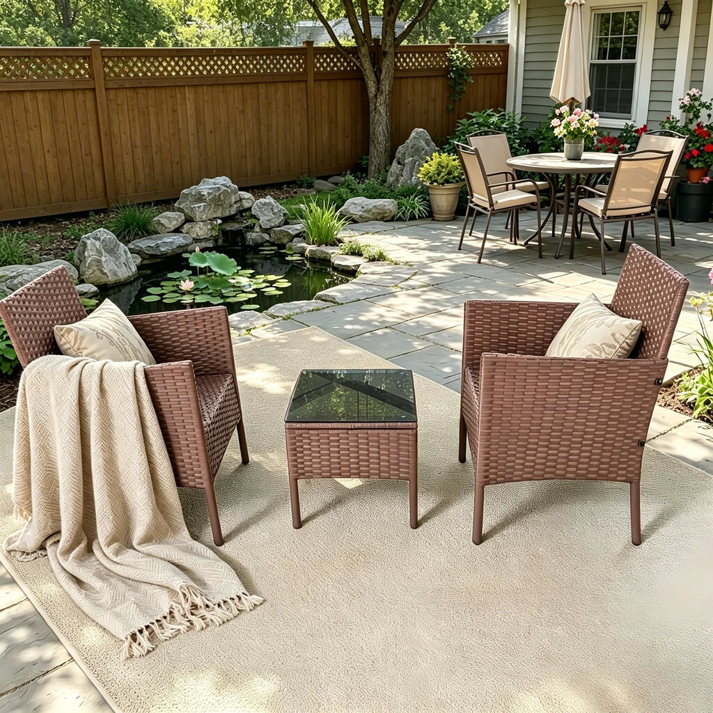 3 piece Rattan Conversation Bistro Set With 2 Chairs & Glass Top Side Table, Brown