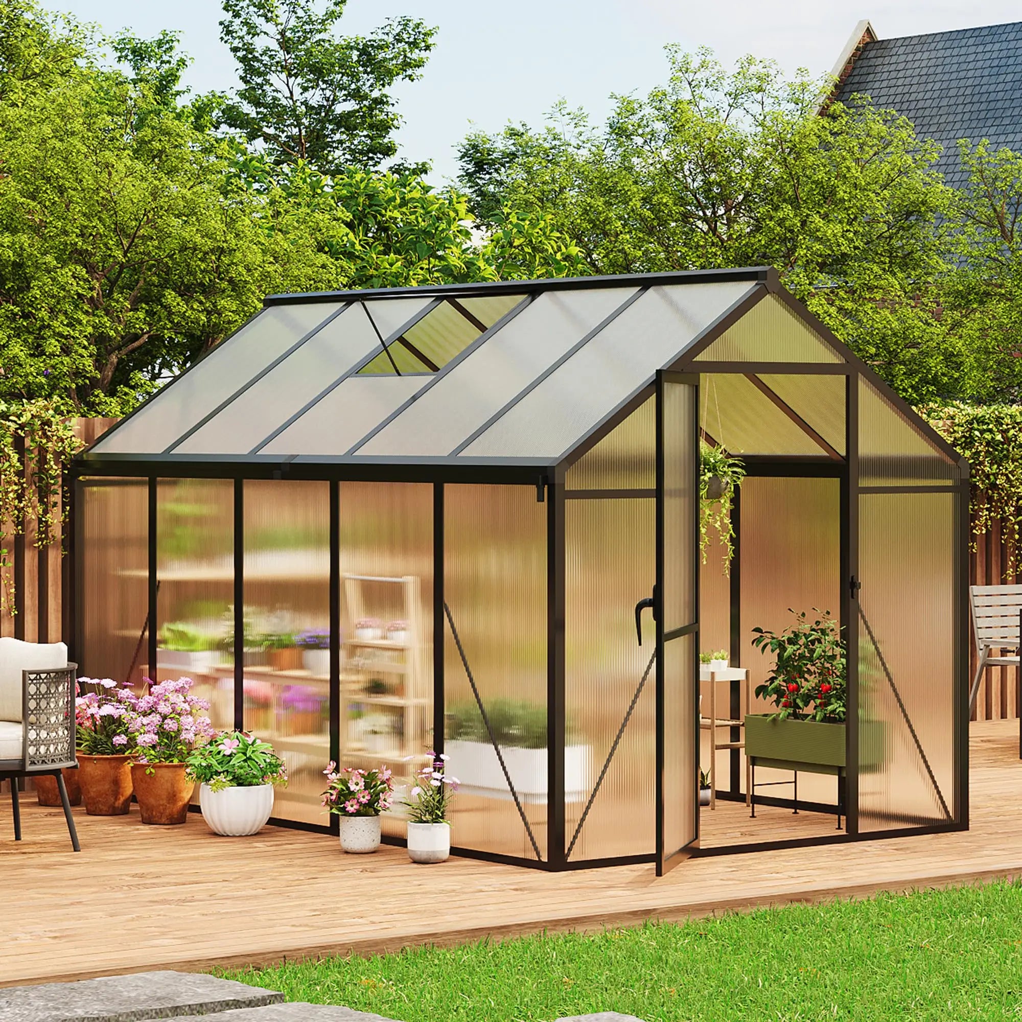 6x10 FT Polycarbonate Greenhouse For Outdoors, Aluminum Walk-In Greenhouse With Roof Vent & Lockable Door For Garden Backyard