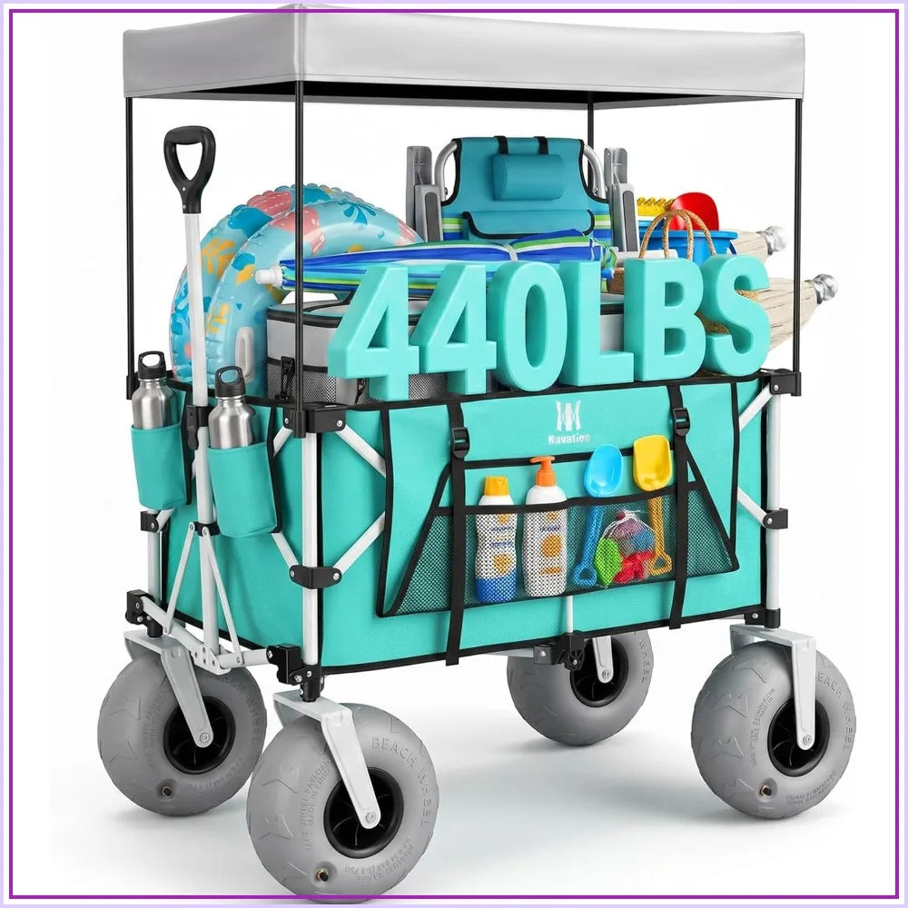 200L Beach Wagon with 9" Balloon Wheels for Sand, 440Lbs Heavy Duty Folding Cart with Canopy, Light Blue