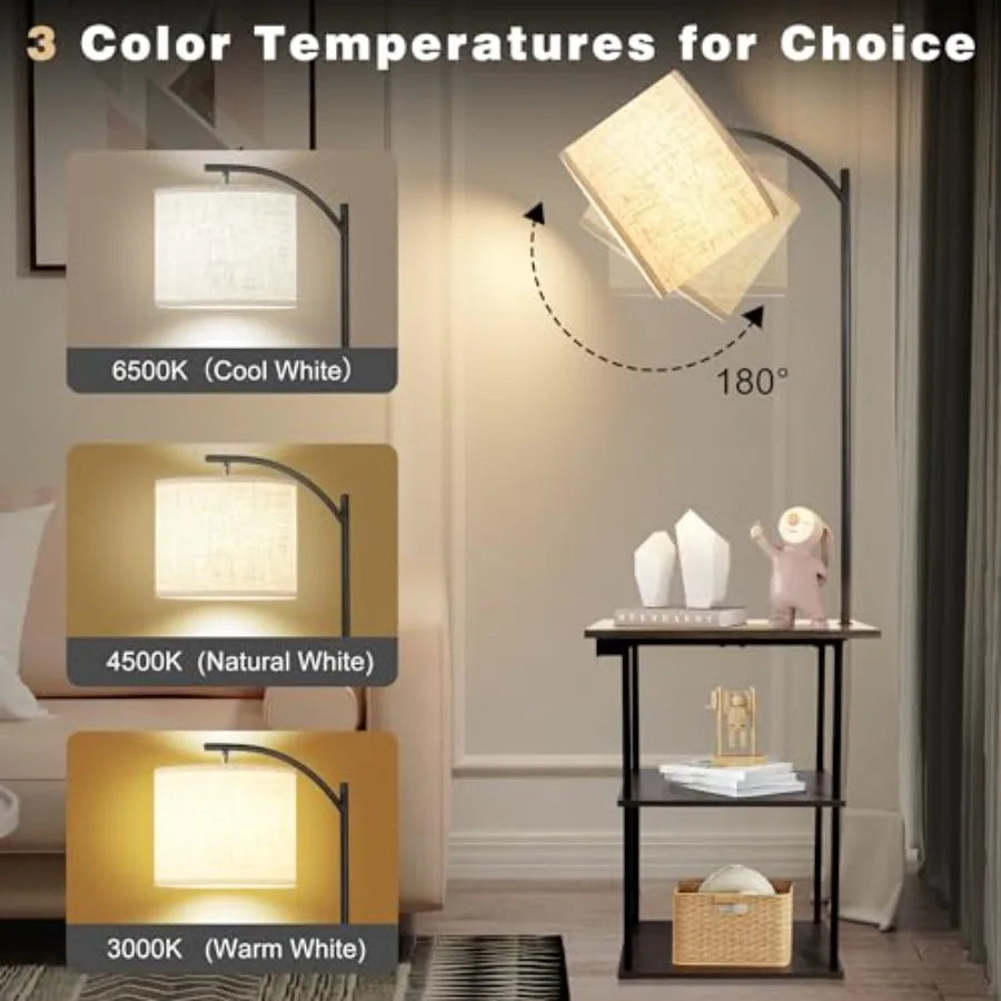 Floor Lamp with Table, End Tables with Charging Station USB and Type-C and AC Port,3 Color Temperatures 9W LED Bulb.