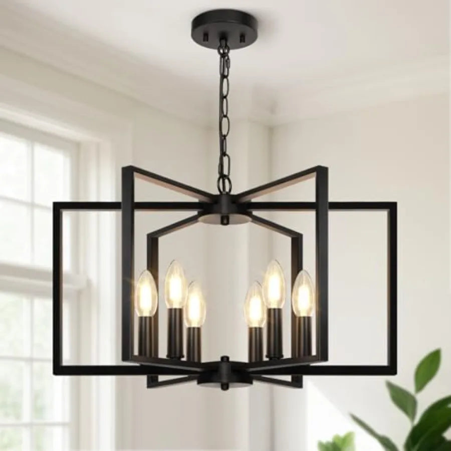 Farmhouse Chandelier, 6 Light Geometric Dining Room Light Fixture, Modern Industrial Metal Ceiling Light Rustic Hanging Pendant