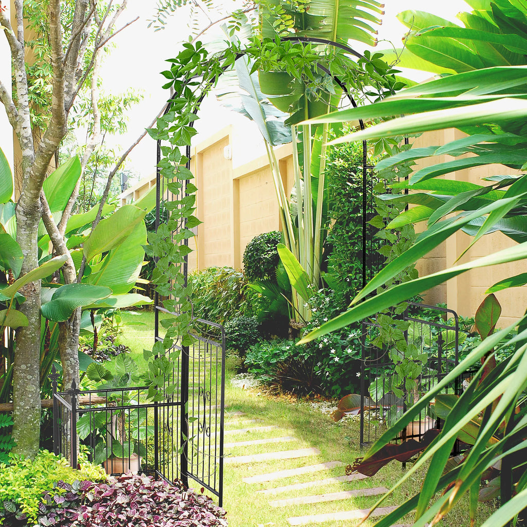 Outdoor Decorative Steel Backyard Gate & Trellis w/ Two Door Design & Scrollwork