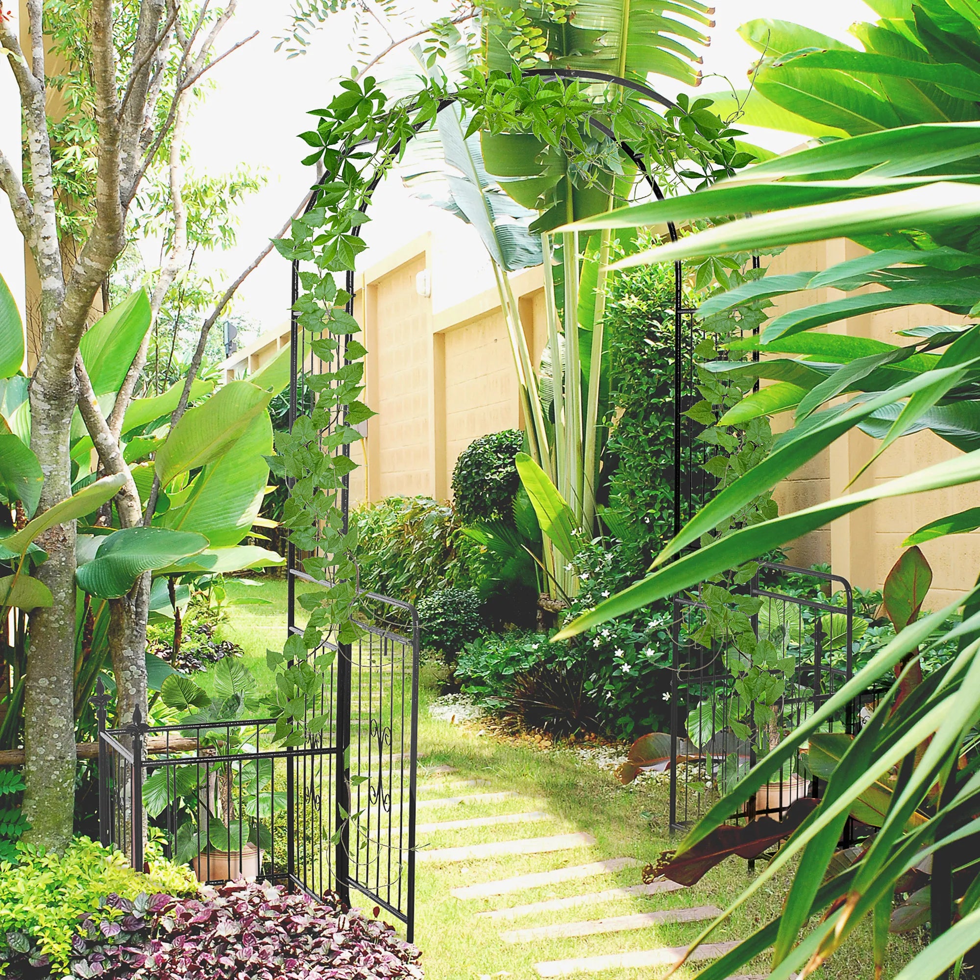 Outdoor Decorative Steel Backyard Gate & Trellis w/ Two Door Design & Scrollwork