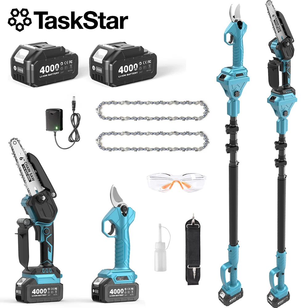 Electric Pole Pruner 3-in-1 Combo Gardening Tool Kit with15 FT Extension Telescopic Pole & Mini Chain Saw & Electric Scissors, 2*4000mAh Battery Powerd