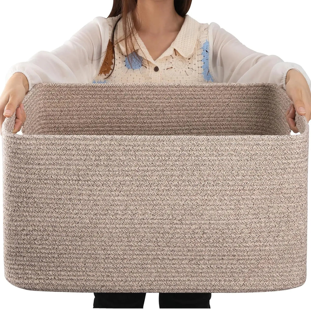 Basket with Handle for Organizing Blanket and Toys for Living Room, Nursery, Brown Variegated 22”x17”x12”