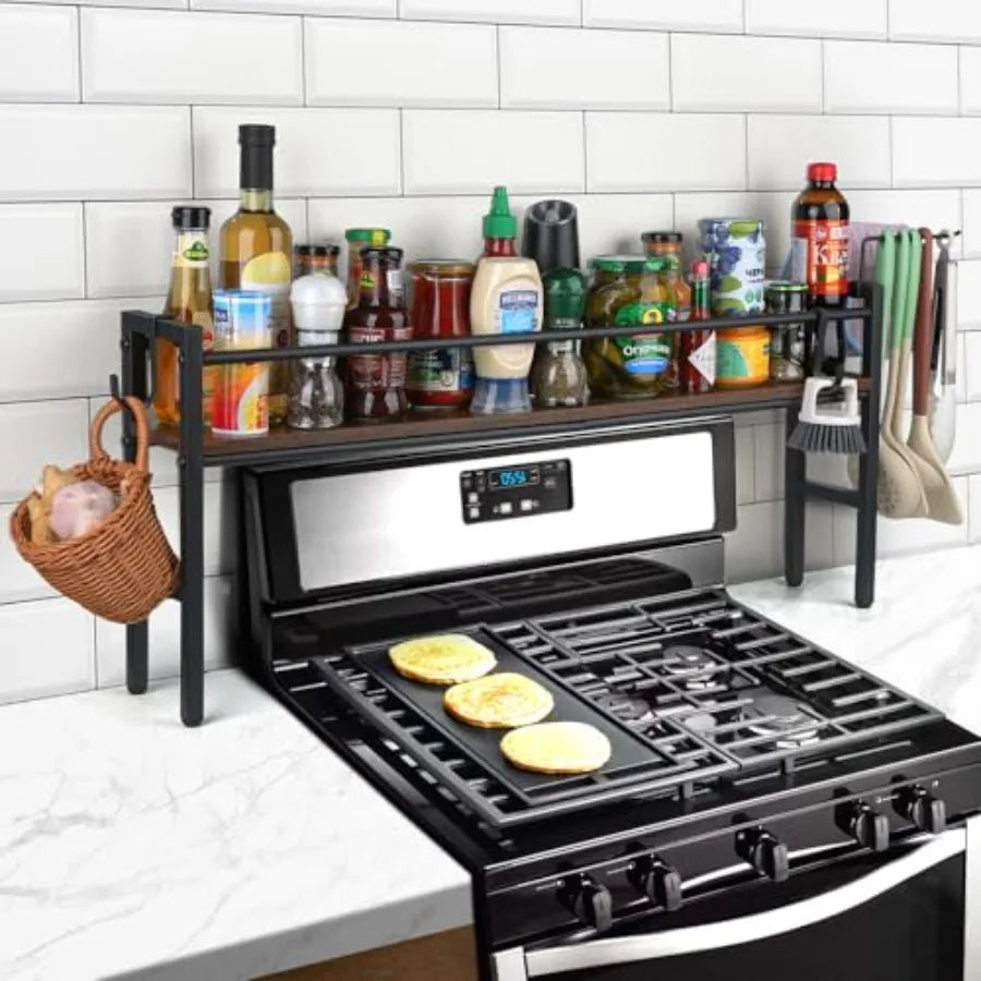 Over the Stove Shelf with 4 Hooks Extra Storage Countertop, Rustic Wood and Solid Metal