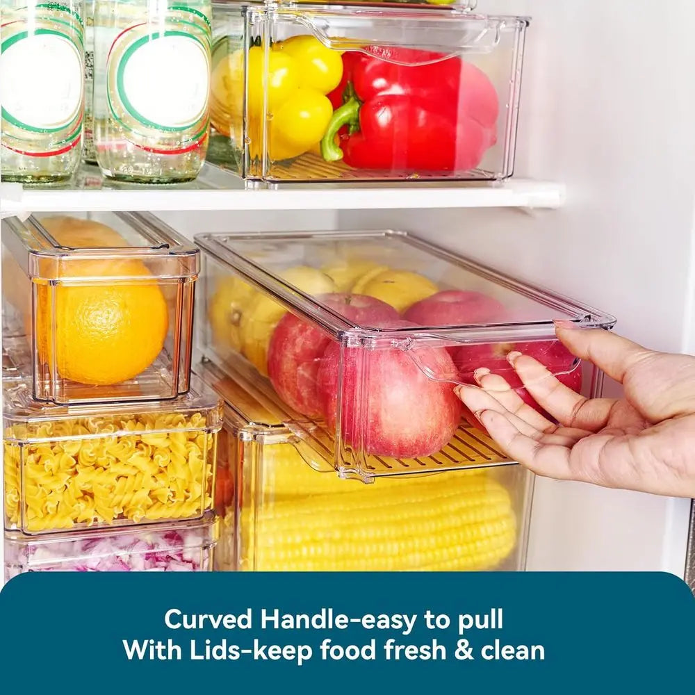 4 Piece Refrigerator Organizer Bins, Clear Ridge Organizers and Storage, Stackable with Lids, Food Storage Containers for Fruit,