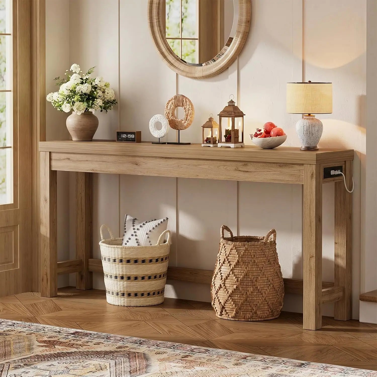 63" Console Table with Charging Station, 13.8" Deep Farmhouse Sofa Table Behind Couch with 2 AC Outlets & 3 USB