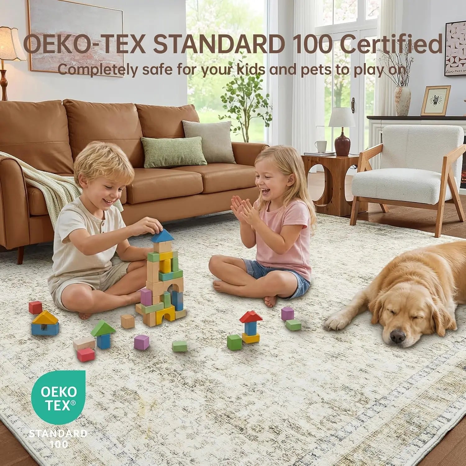 8x10 Area Rugs, Ultra-Soft Washable Rug, Low Pile Foldable Thin Carpets with Non-Slip Backing, Skin-Friendly Stain Resistant Carpet for Living Room, Bedroom, Kitchen, Dorm, 8x10, Beige