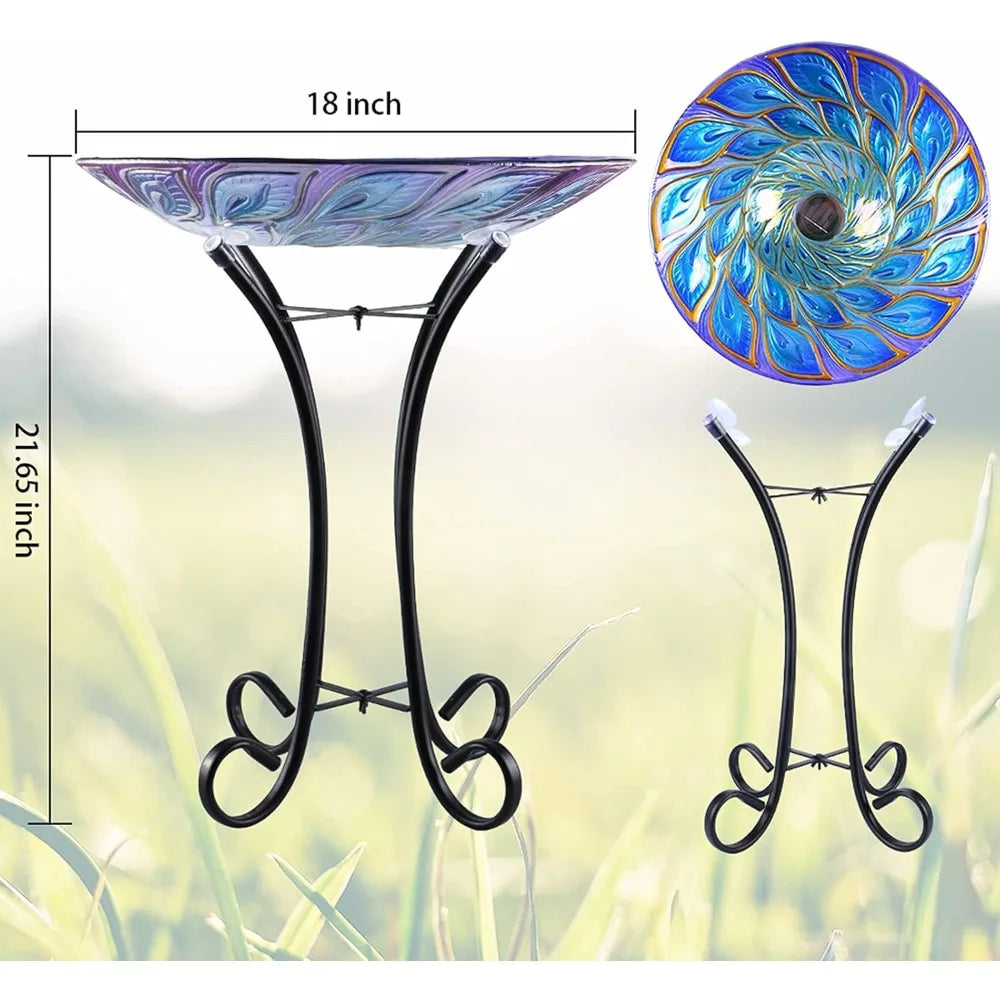 Outdoor Glass Bird Bath Sola with Metal Stand for Lawn Yard Garden Peacock Decor