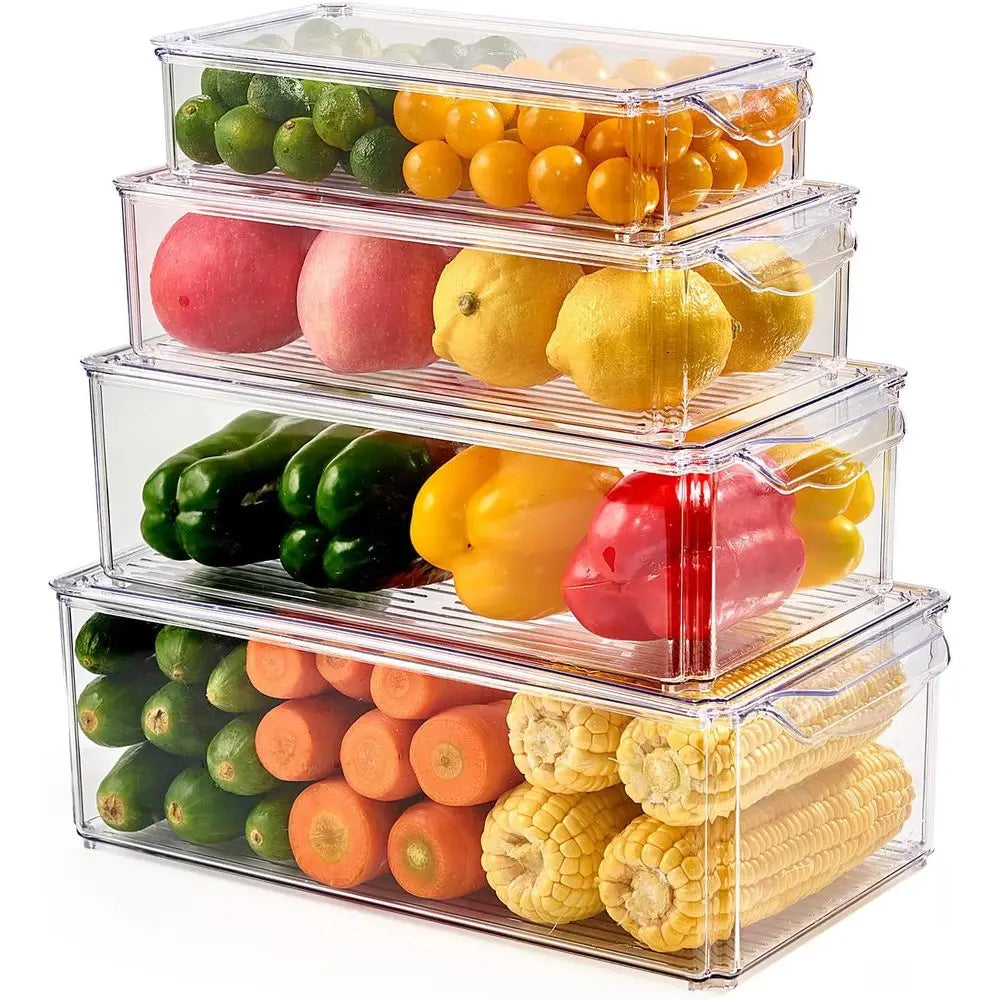4 Piece Refrigerator Organizer Bins, Clear Ridge Organizers and Storage, Stackable with Lids, Food Storage Containers for Fruit,