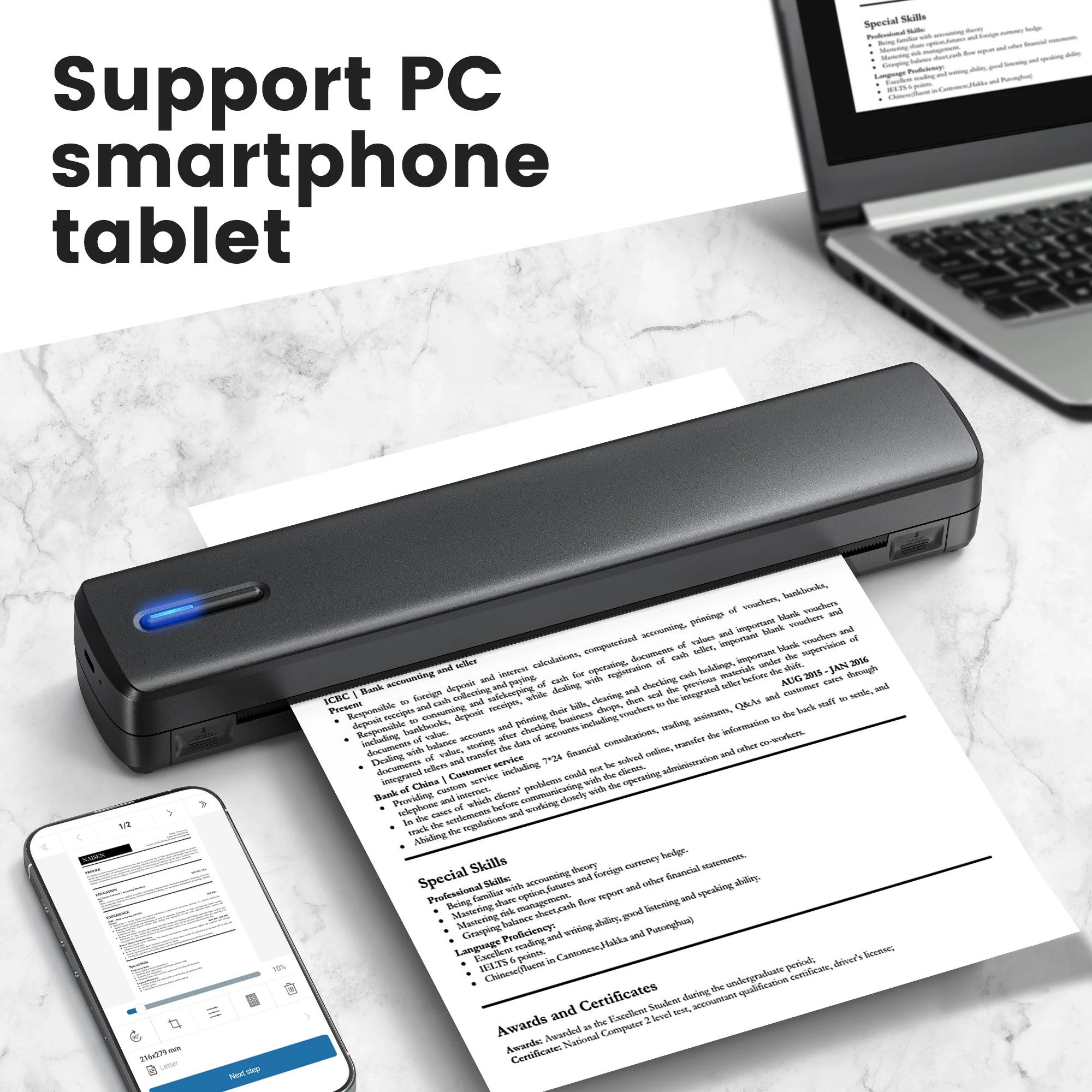 A4 Portable Inkless Thermal Printer with 20sheets thermal paper, Supports 8.5X11 Inch American Letter Paper, Compatible with Mobile Phones And Laptops, Suitable for Home, Office, School And Travel