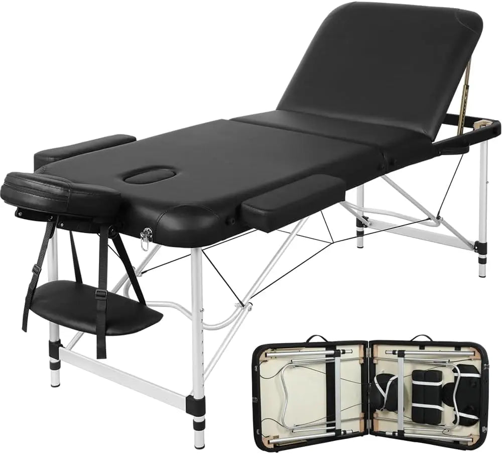 Portable Massage Table Adjustable 3-Fold Spa Bed 28in Wide Black