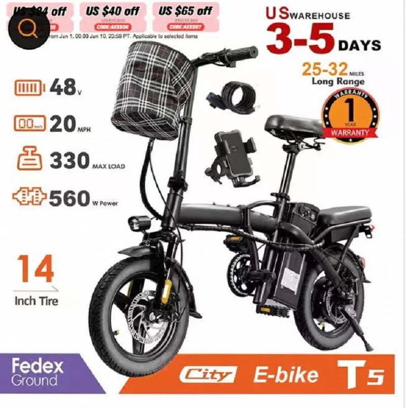 14Inch Folding Electric Bike for Adult Commuters 20MPH 18-22 Miles Range Disc Brake Lightweight