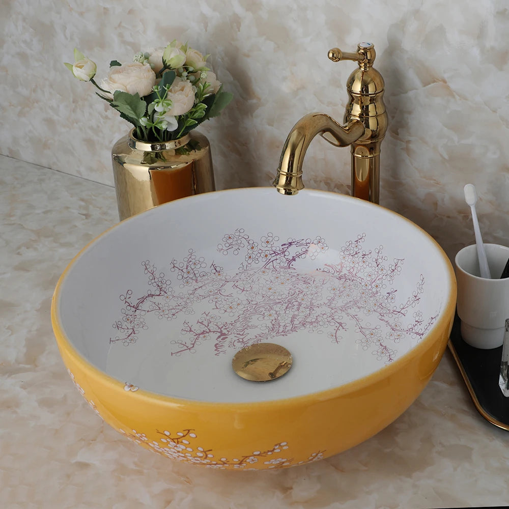 OUBONI  Shaped Ceramic Bathroom Basin Set Art Flower Pattern Sink With Golden Or Antique Faucets