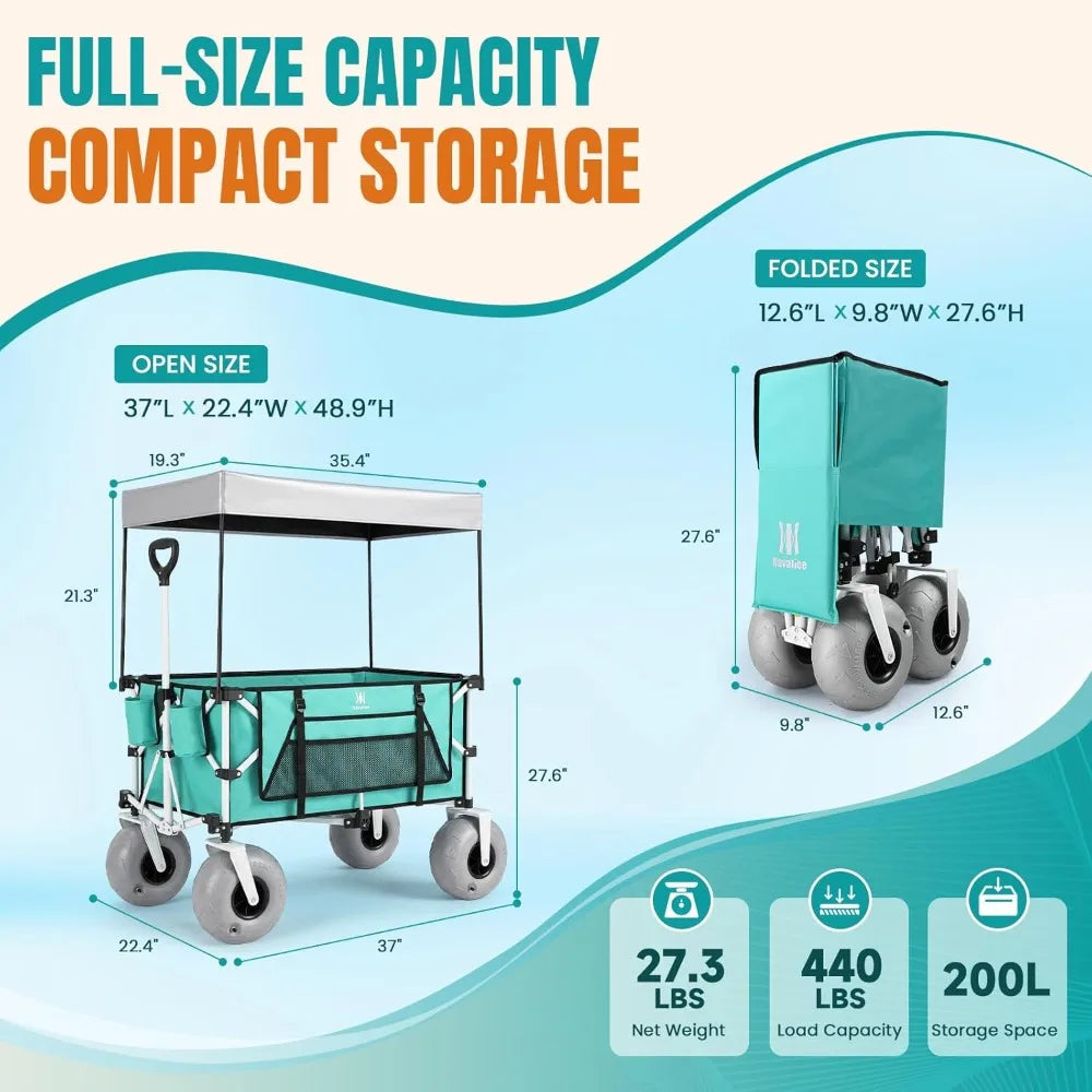 200L Beach Wagon with 9" Balloon Wheels for Sand, 440Lbs Heavy Duty Folding Cart with Canopy, Light Blue