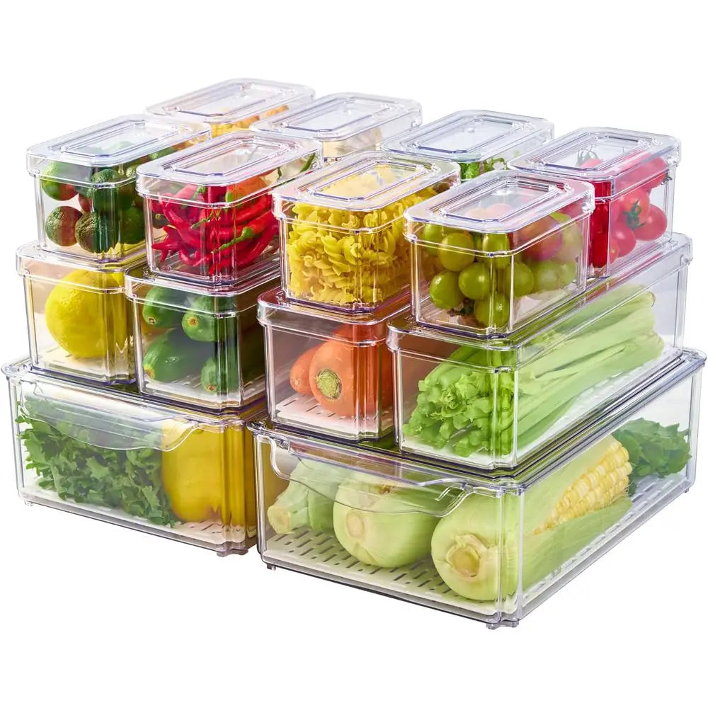 14 Pack Ridge Organizers, Refrigerator Bins with Lids, BPA-Free Stackable Fruit Storage Containers for Vegetables, Food and Drin