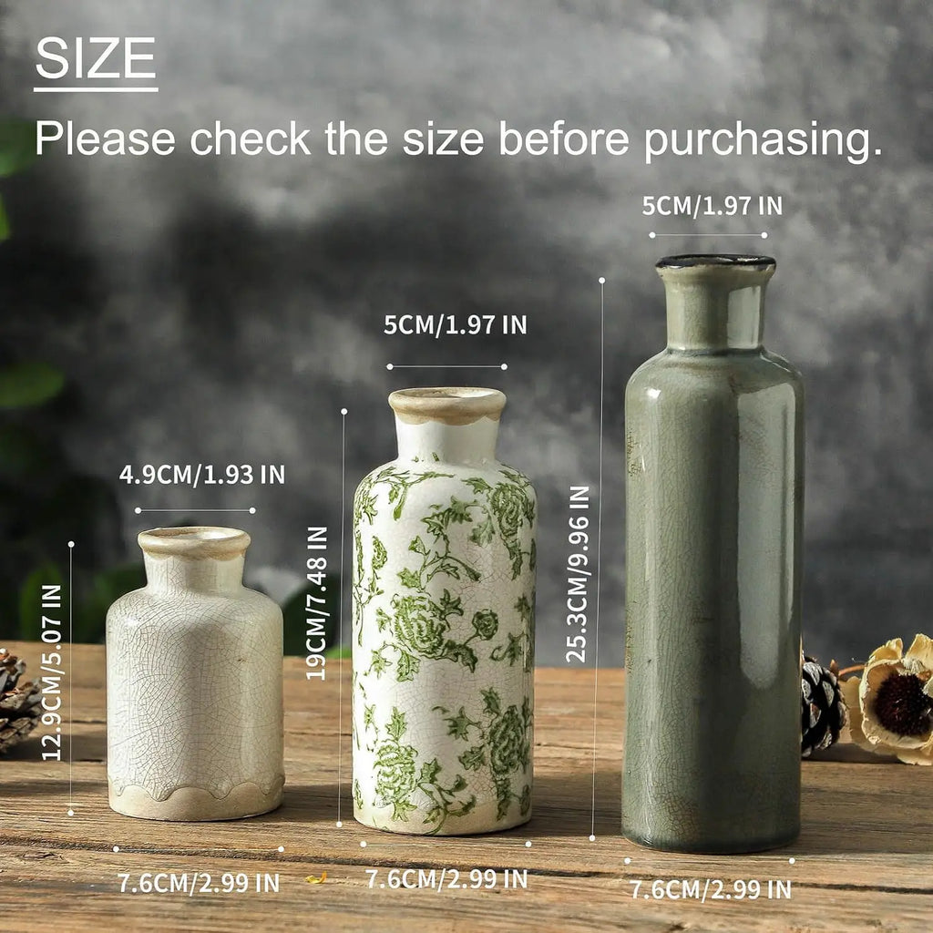 Set of 3, Ceramic Vintage Flower Vases, Kitchen Living Room Office - Green and Beige