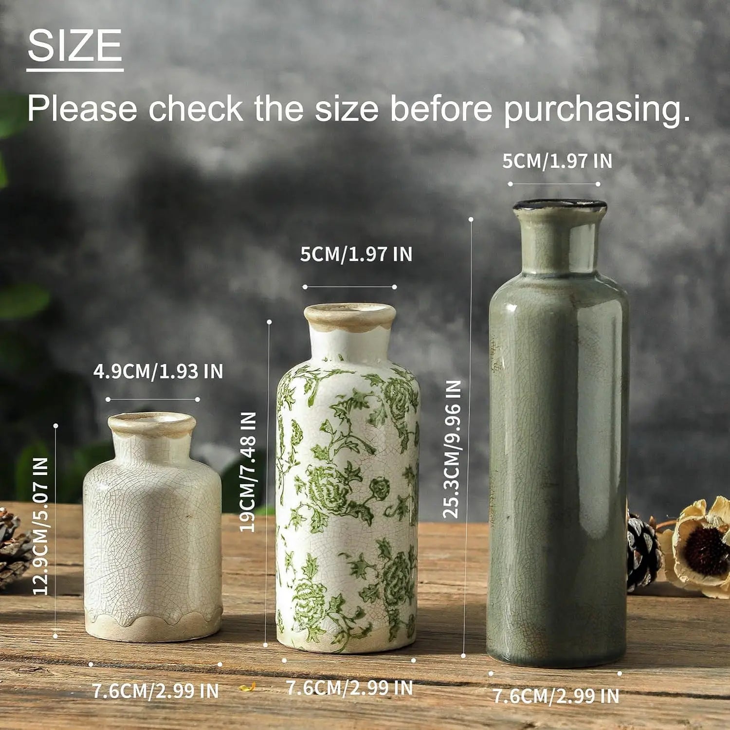 Set of 3, Ceramic Vintage Flower Vases, Kitchen Living Room Office - Green and Beige