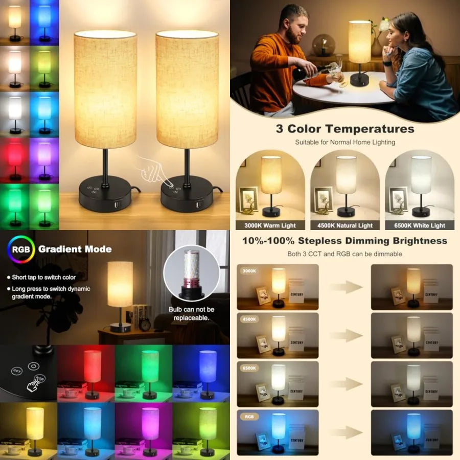 Table Lamp Set of 2,  Color Changing, Stepless Dimmable Small Bedside Lamp for Reading, Ambience