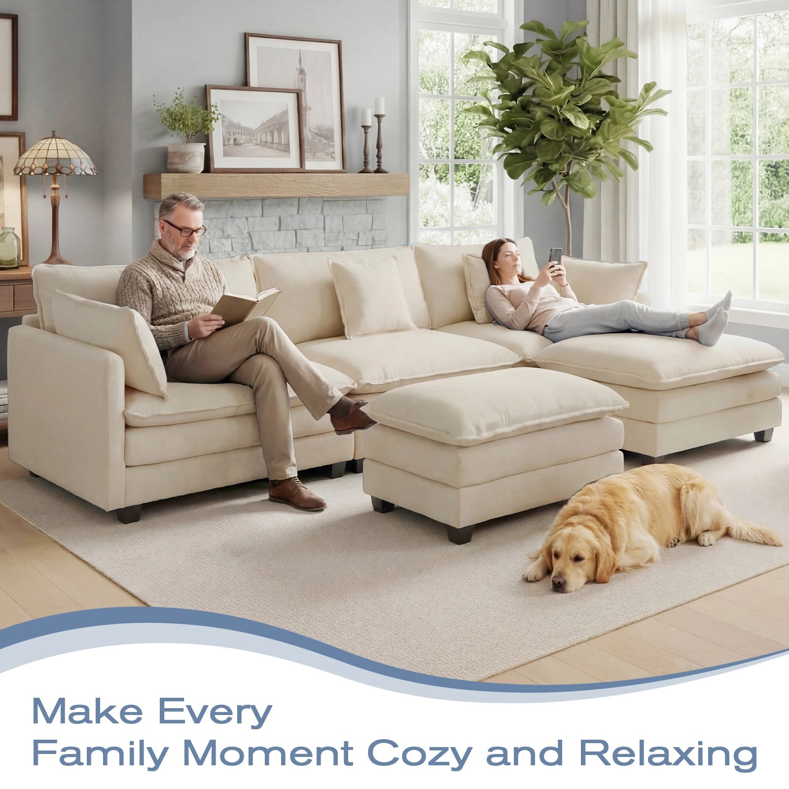 Modular Sectional Sofa with Ottoman, Comfy Cloud Couch with Deep Seat Solid Wood Frame, for Living Room