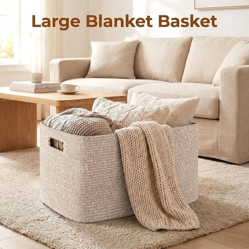 Basket with Handle for Organizing Blanket and Toys for Living Room, Nursery, Brown Variegated 22”x17”x12”