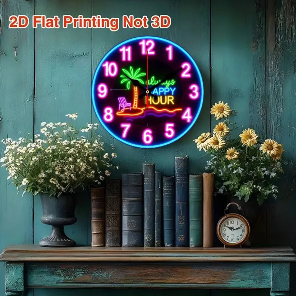 Large Modern Neon Glow Wall Clock with Happy Hour Indicator