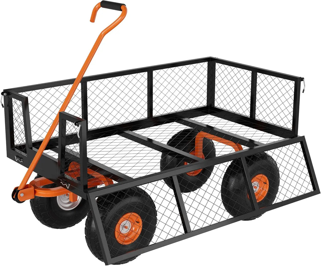 Heavy Duty Steel Garden Cart, 500 LBS Capacity 3 in 1 Pullable Garden Wagon with 10 in Wheels, for Gardening Soil, Tools, and Pl