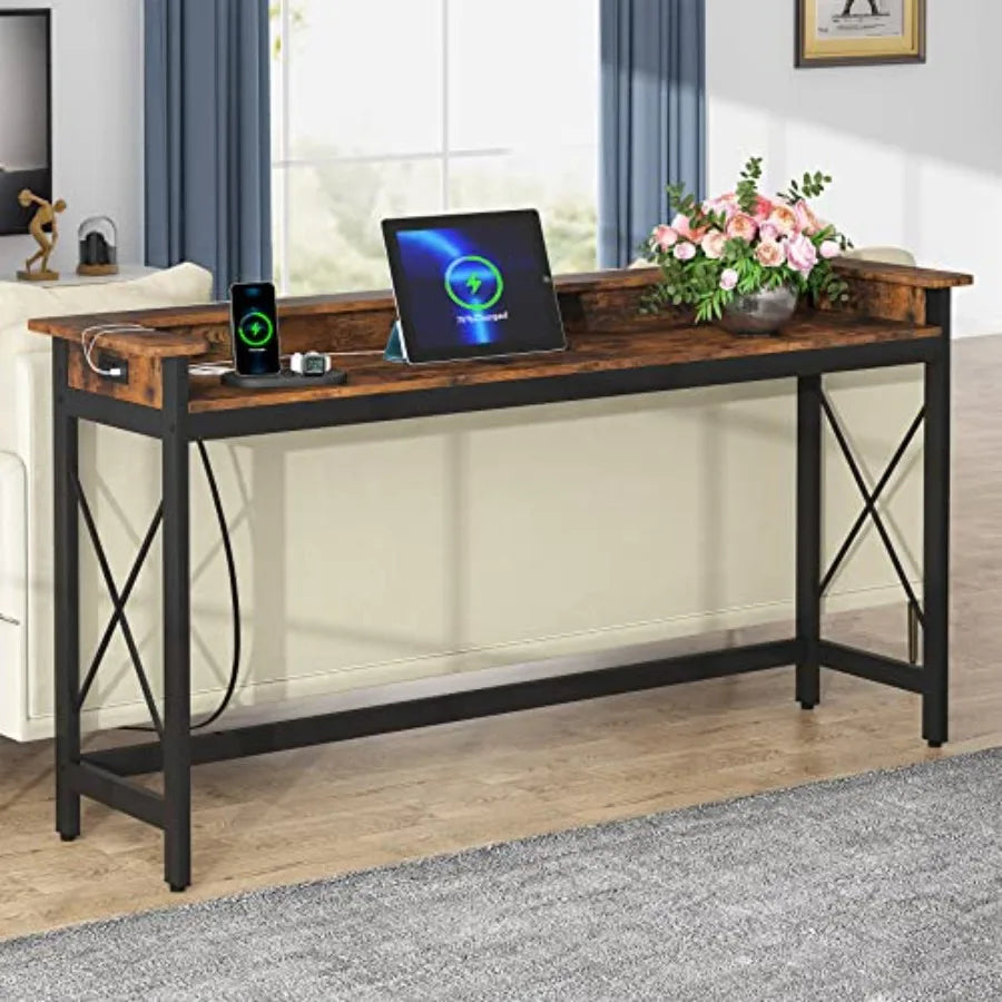 Sofa Table with Outlets and USB Ports, 70.9 inch Extra Long Console Table Behind Couch with Charging Station