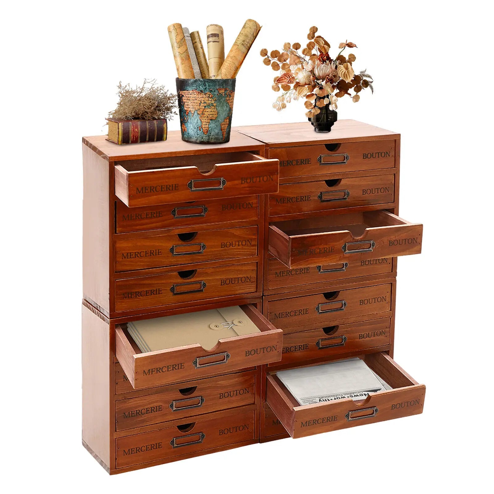 16 Drawers Drawer Organizer Brown Wooden Storage Box Living Rooms Bedroom