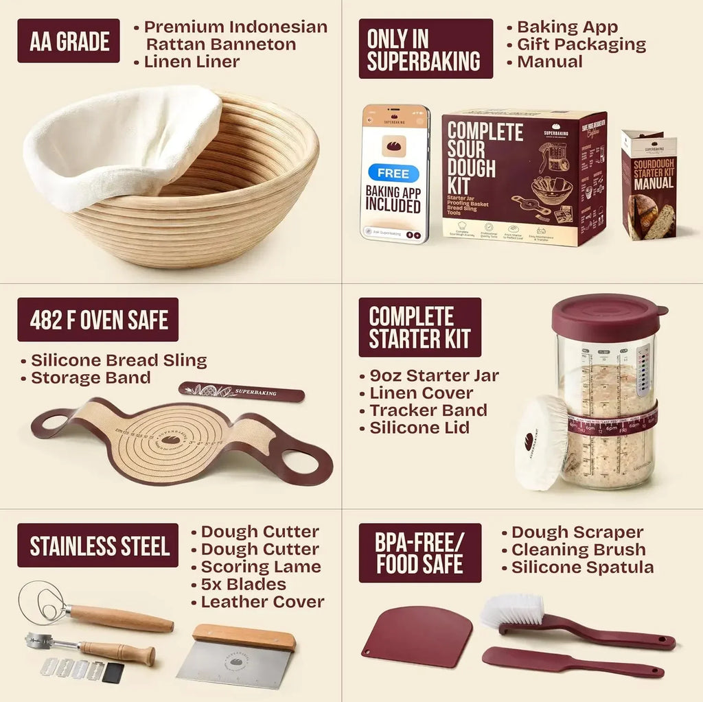 Super baking Sourdough Starter Kit, 9" Splinter-Free Banneton Bread Proofing Basket Set with Non-Stick Silicone Dough Sling & Glass Starter Jar Kit, Sourdough Bread Baking Supplies, Sourdough Tools