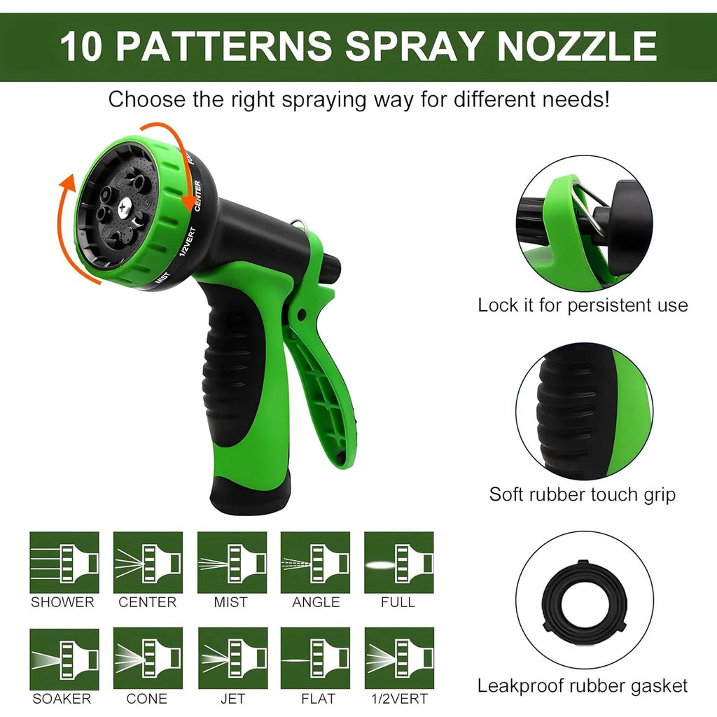 Non-Expandable Garden Hose with 10 Function Nozzles, Flexible, Lightweight, Kink-Free, Leak-Proof, Sturdy Water Hose
