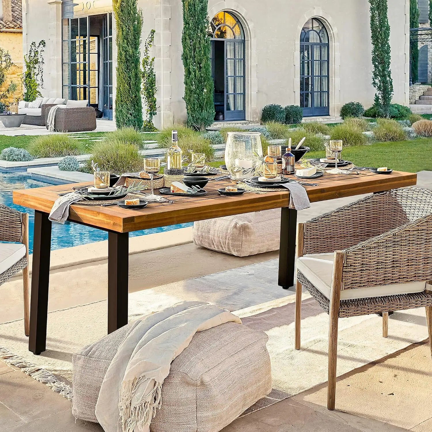 Home Acacia Wood Dining Table 6-Person Indoor Outdoor Table with Iron Legs, Sandblast Finish, Natural Stained, Rustic Metal, 69 * 33 * 30 inch (Natural)