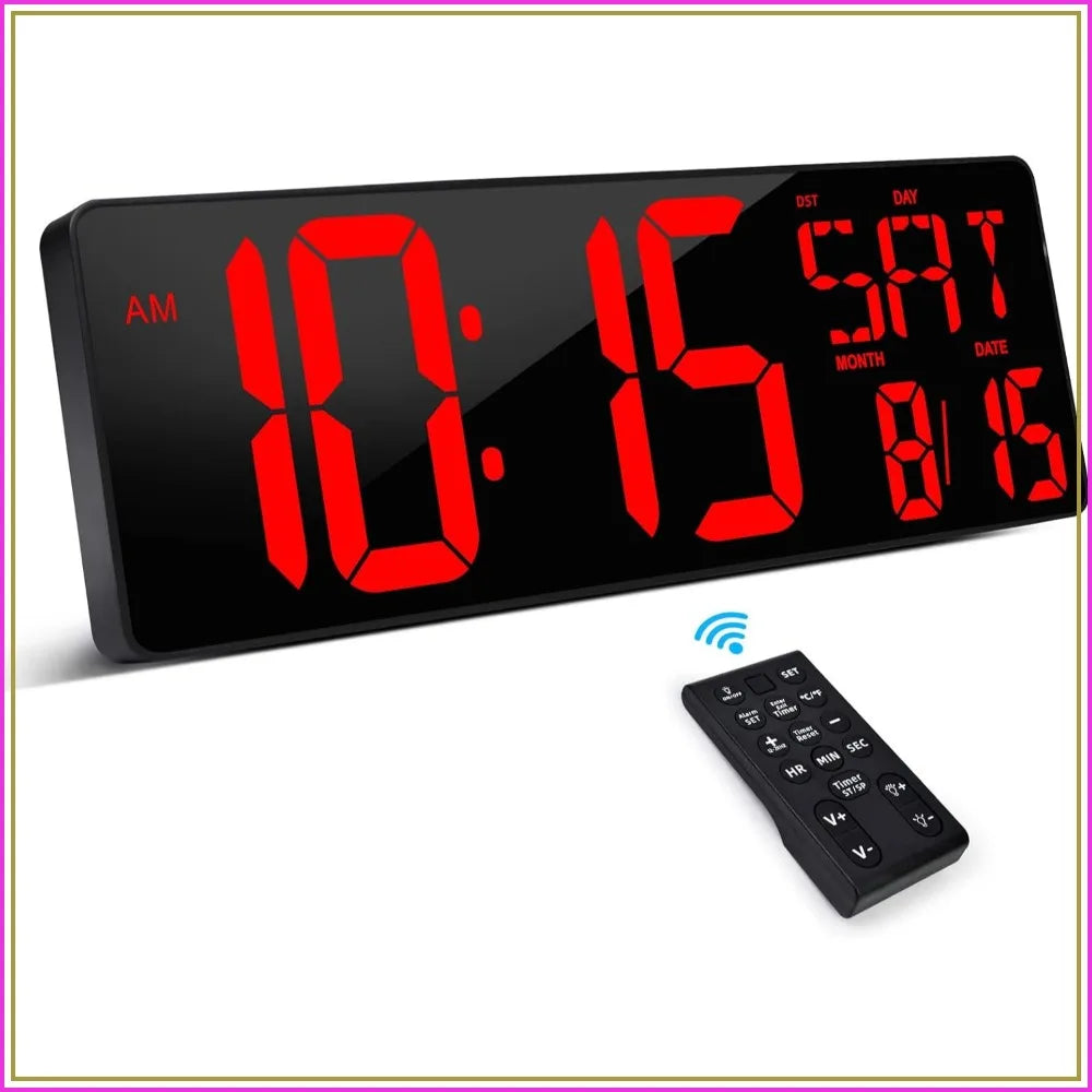 17.2 Inch Large Digital Wall Clock with Remote Control, LED Display, Count Up & Down Timer, Adjustable Brightness, Plug-in Alarm Clock with Temperature for Home Office Gym