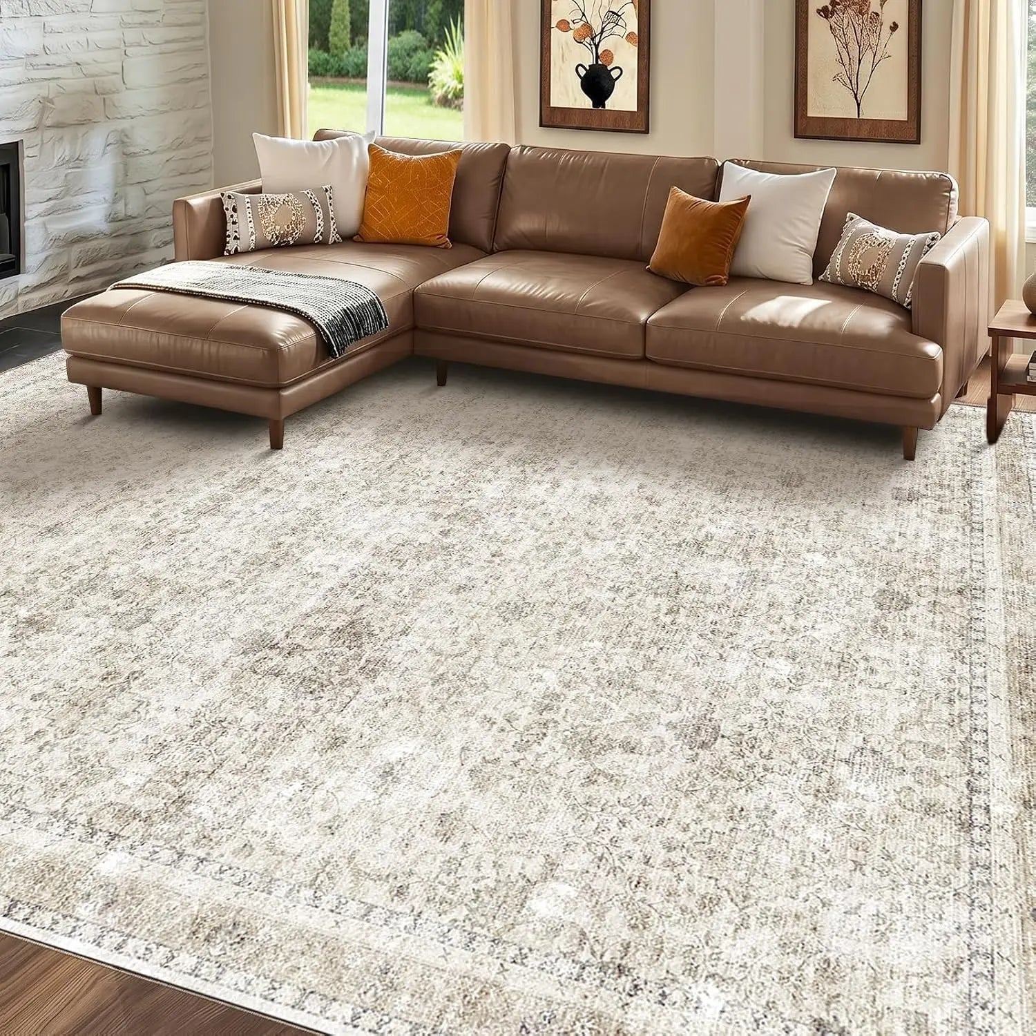 8x10 Area Rugs, Ultra-Soft Washable Rug, Low Pile Foldable Thin Carpets with Non-Slip Backing, Skin-Friendly Stain Resistant Carpet for Living Room, Bedroom, Kitchen, Dorm, 8x10, Beige