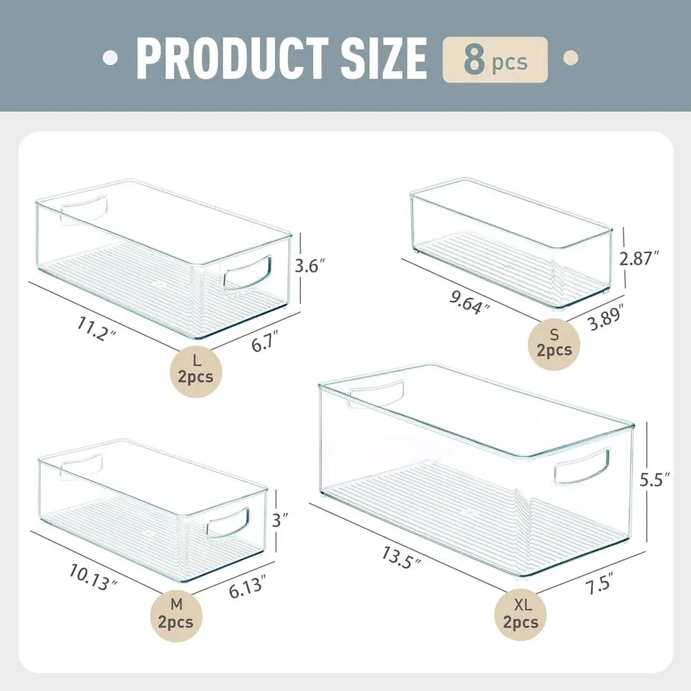 8 Pack Reusable Organizer Bins Ridge Organizers Storage Stackable Refrigerator Organizers Bins with Side Handles Clear Storage B