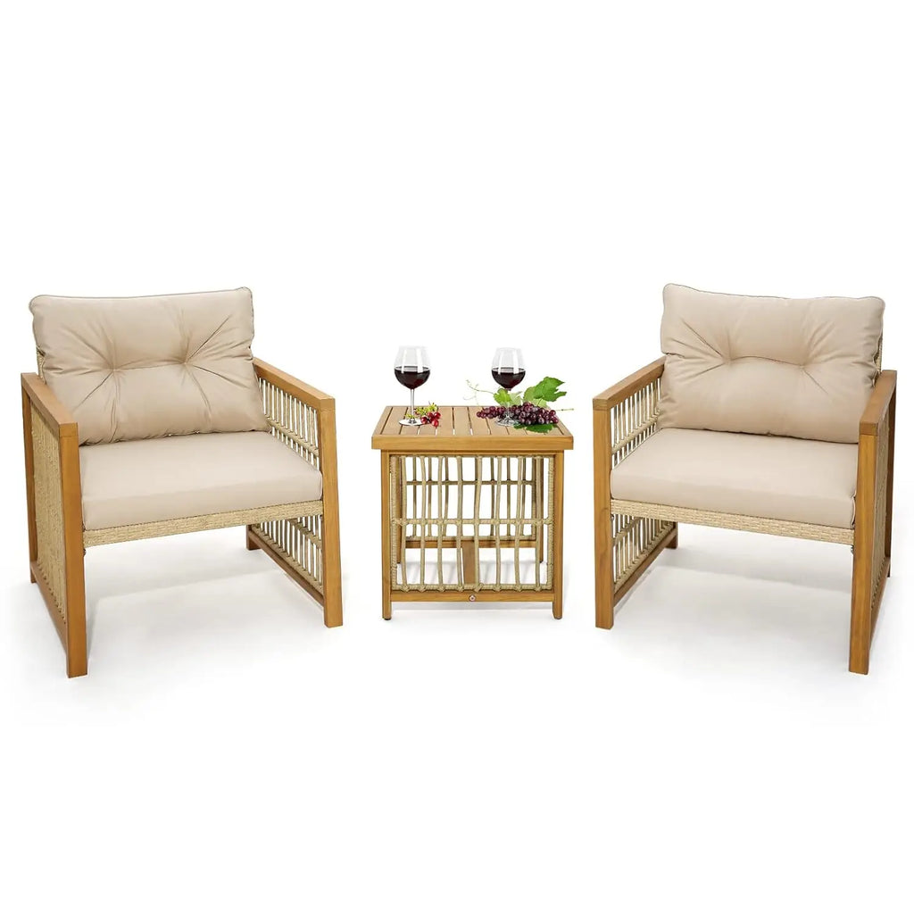 3 Piece Acacia Wood Patio Bistro Set PE Wicker Cushioned Chairs Coffee Table Outdoor Porch Deck Balcony
