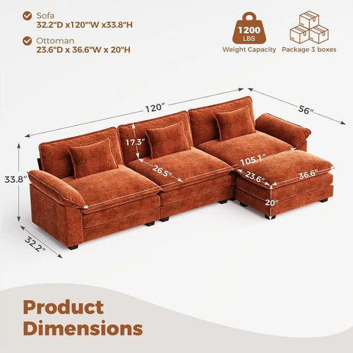 120" Modular Sectional Sofa Chenille Deep Seat L-Shape Movable Ottomans 4-Seater Living Room DIY Orange, Customized