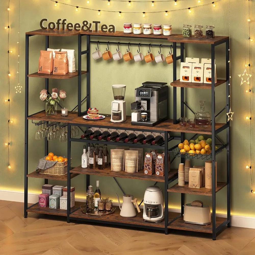 Large Bakers Rack with Power Outlet, 62.4in Wide Kitchen Microwave Stand with Storage Shelves, 5-Tier Coffee Bar, Customized
