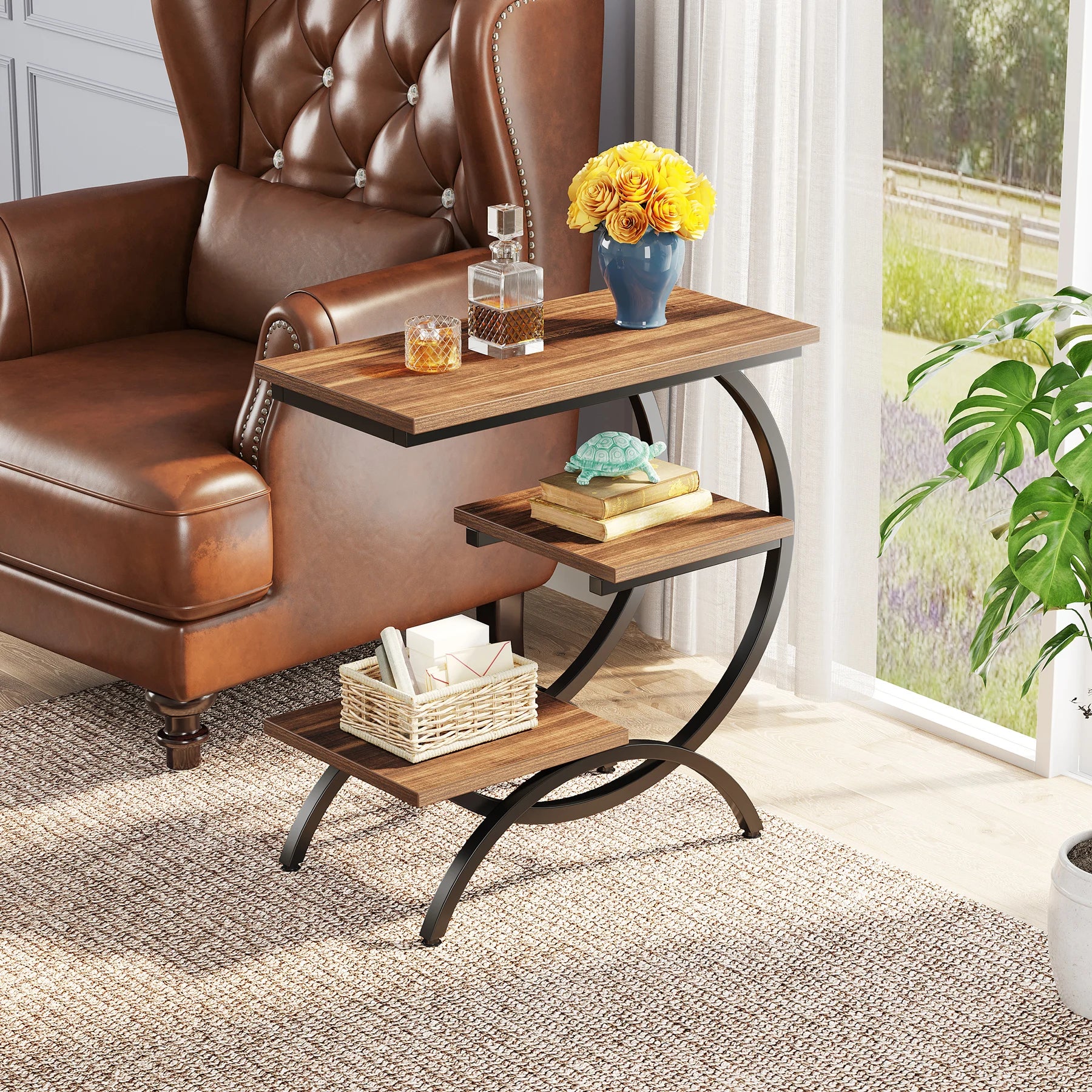 Tribesigns C-Shaped End Table, Industrial 3-Tier  Wood Table with Storage Shelves